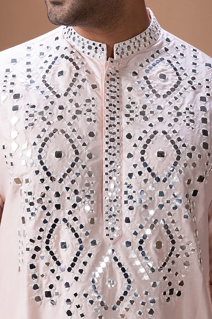 Powder Pink Cotton Silk Mirror Embellished Kurta Set by PRIYANKA HARALALKA at Pernia's Pop Up Shop