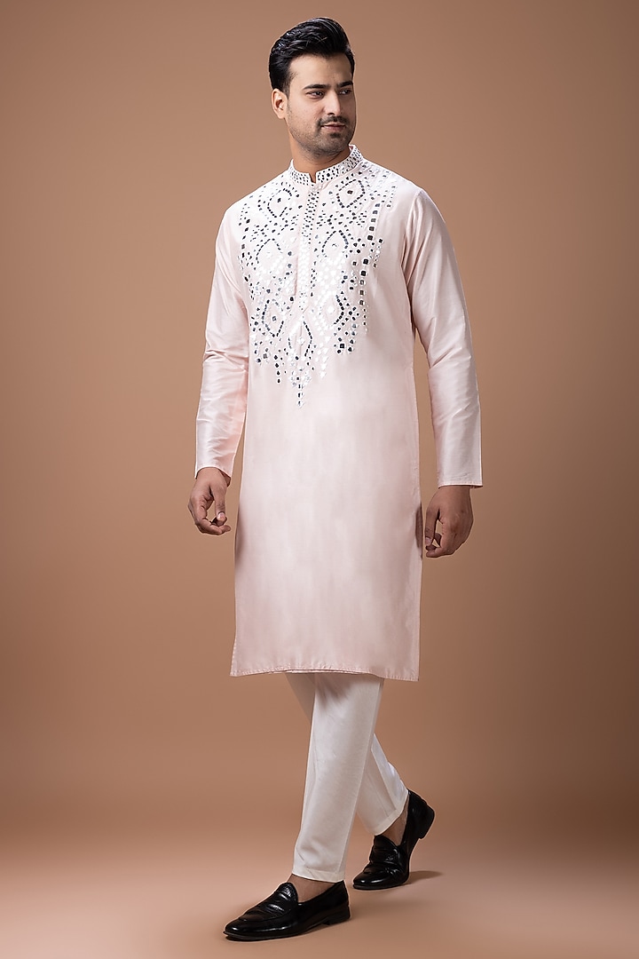 Powder Pink Cotton Silk Mirror Embellished Kurta Set by PRIYANKA HARALALKA at Pernia's Pop Up Shop