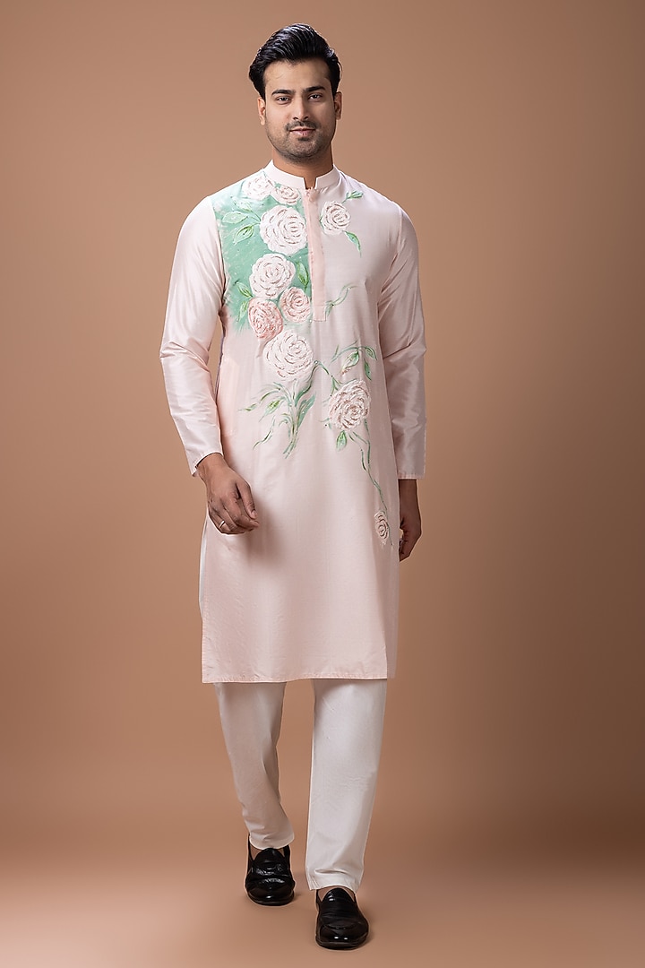 Powder Pink Cotton Silk Hand Embroidered Kurta Set by PRIYANKA HARALALKA at Pernia's Pop Up Shop