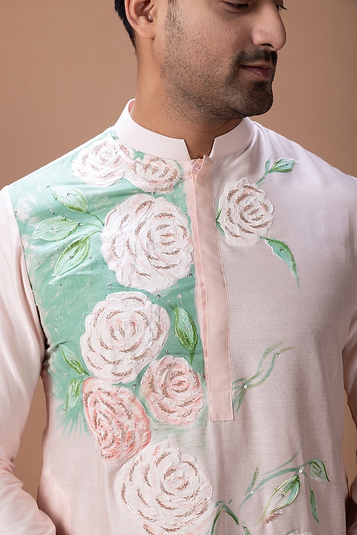 Powder Pink Cotton Silk Hand Embroidered Kurta Set by PRIYANKA HARALALKA at Pernia's Pop Up Shop