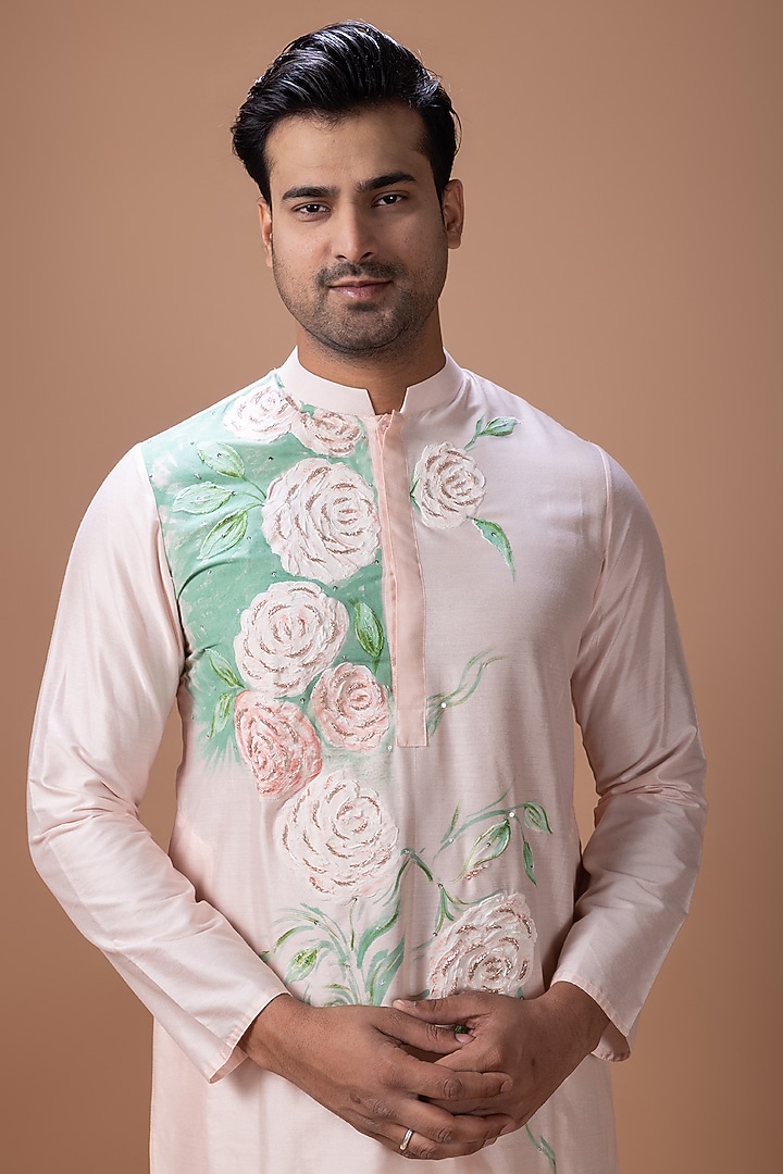 Powder Pink Cotton Silk Hand Embroidered Kurta Set by PRIYANKA HARALALKA at Pernia's Pop Up Shop