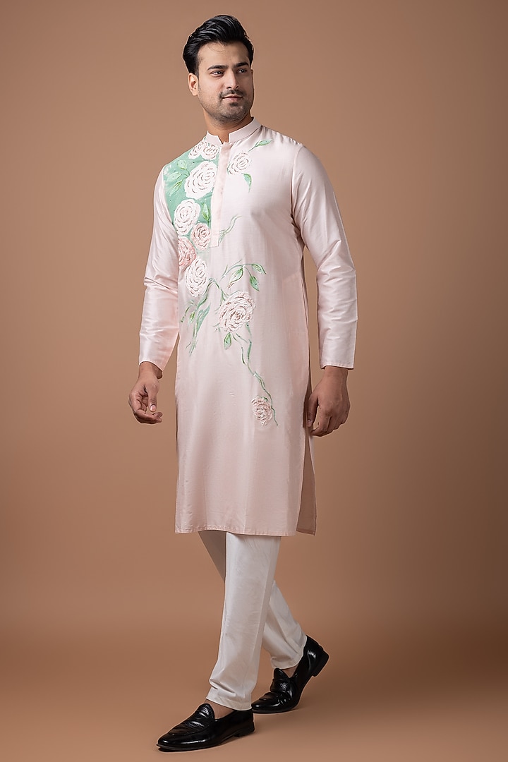 Powder Pink Cotton Silk Hand Embroidered Kurta Set by PRIYANKA HARALALKA at Pernia's Pop Up Shop