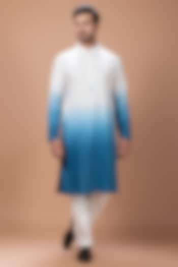 Off-White-Blue Shaded Cotton Silk Machine Embroidered Kurta Set by PRIYANKA HARALALKA at Pernia's Pop Up Shop