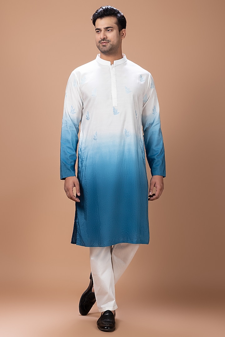 Off-White-Blue Shaded Cotton Silk Machine Embroidered Kurta Set by PRIYANKA HARALALKA at Pernia's Pop Up Shop