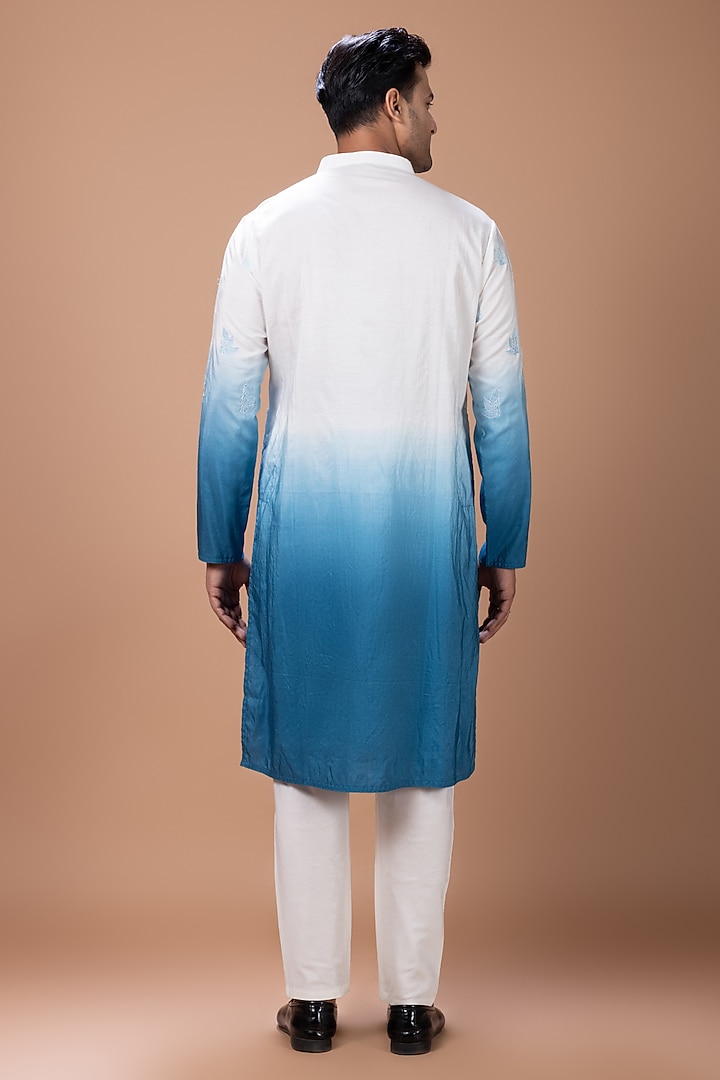 Off-White-Blue Shaded Cotton Silk Machine Embroidered Kurta Set by PRIYANKA HARALALKA at Pernia's Pop Up Shop