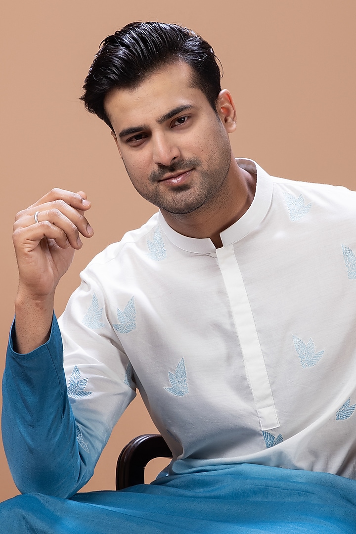 Off-White-Blue Shaded Cotton Silk Machine Embroidered Kurta Set by PRIYANKA HARALALKA at Pernia's Pop Up Shop