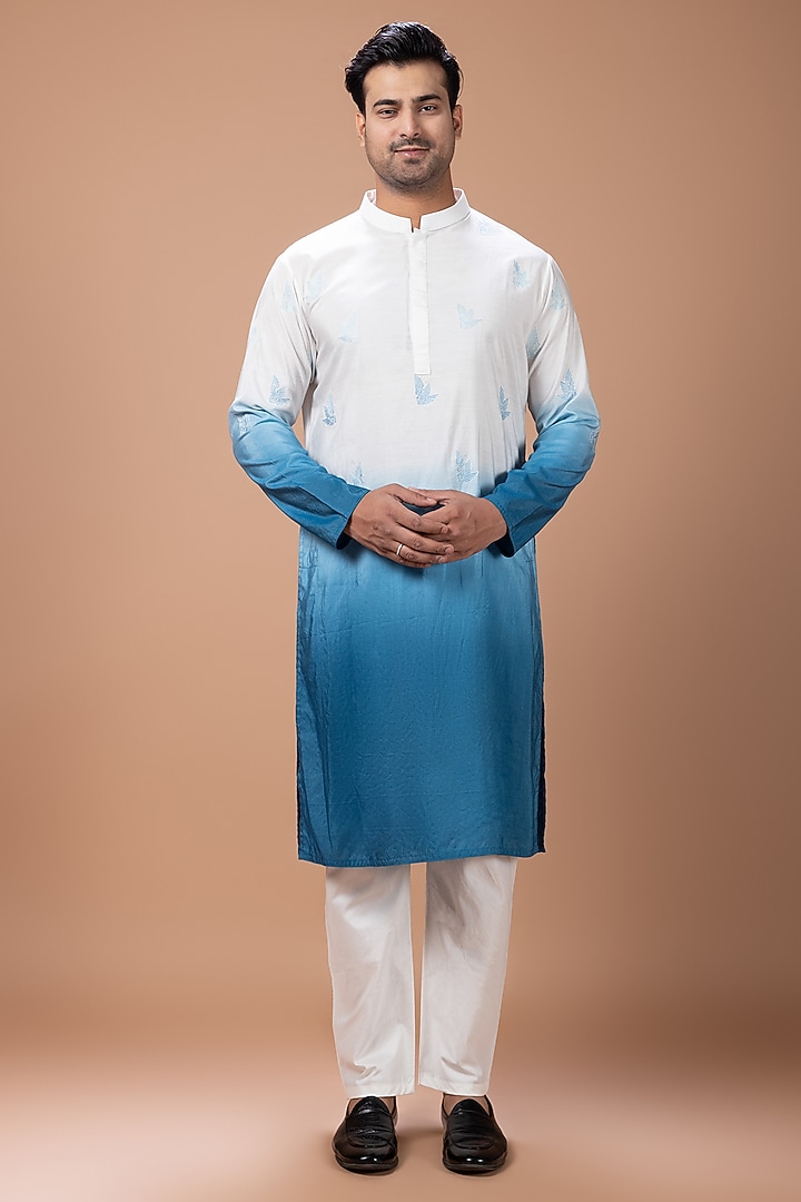 Off-White-Blue Shaded Cotton Silk Machine Embroidered Kurta Set by PRIYANKA HARALALKA at Pernia's Pop Up Shop