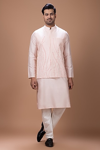 Powder Pink Cotton Silk Handpainted Bundi Jacket Set by PRIYANKA HARALALKA