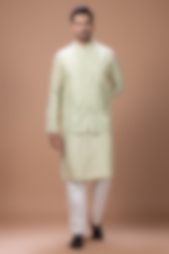 Mint Green Cotton Silk Handpainted Bundi Jacket Set by PRIYANKA HARALALKA at Pernia's Pop Up Shop