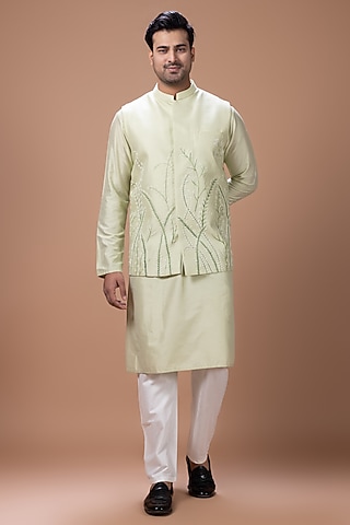 Mint Green Cotton Silk Handpainted Bundi Jacket Set by PRIYANKA HARALALKA