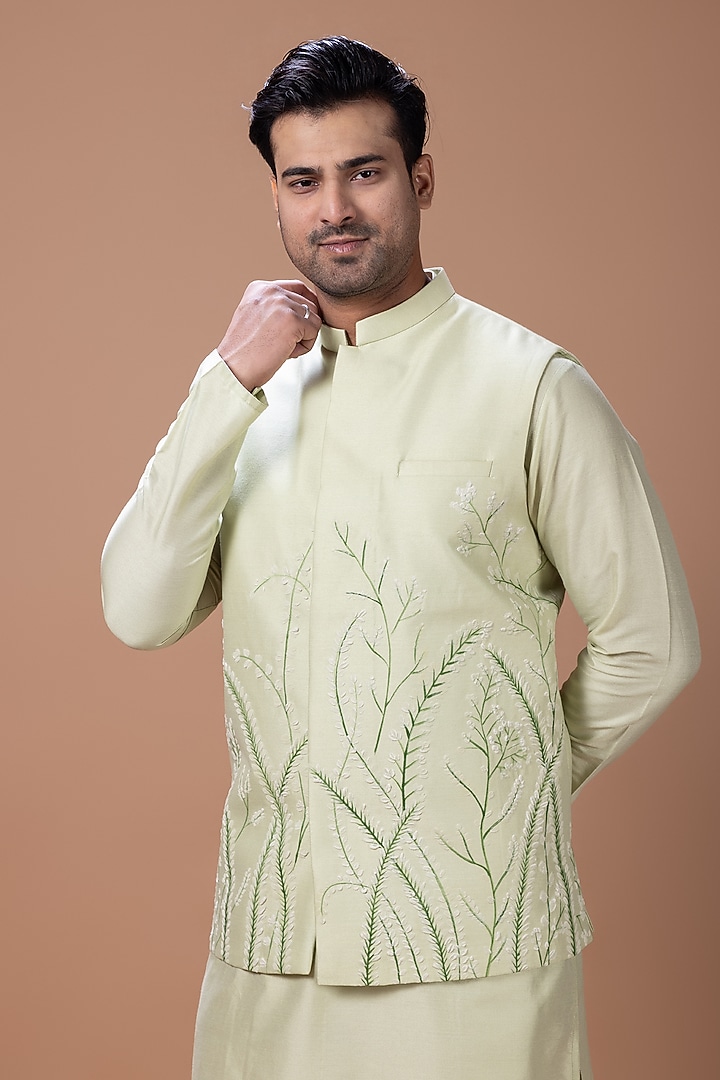 Mint Green Cotton Silk Handpainted Bundi Jacket Set by PRIYANKA HARALALKA at Pernia's Pop Up Shop