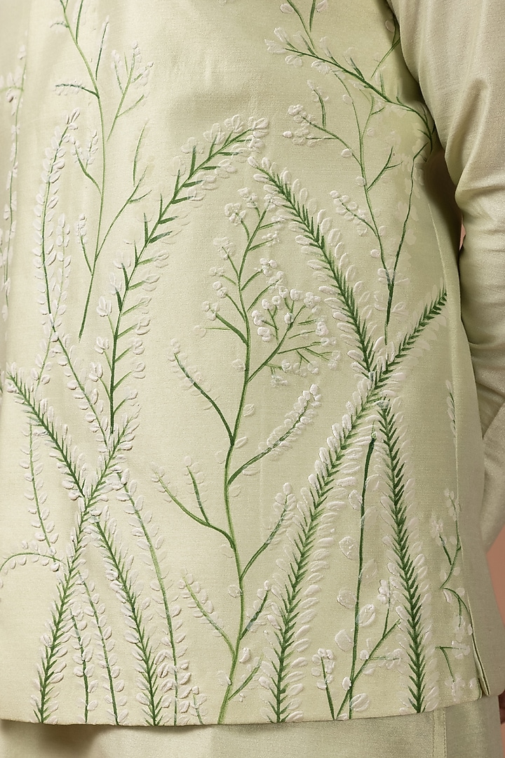 Mint Green Cotton Silk Handpainted Bundi Jacket Set by PRIYANKA HARALALKA at Pernia's Pop Up Shop