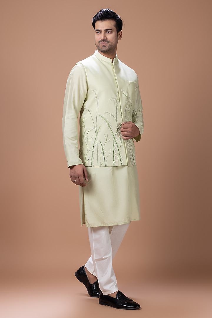 Mint Green Cotton Silk Handpainted Bundi Jacket Set by PRIYANKA HARALALKA at Pernia's Pop Up Shop