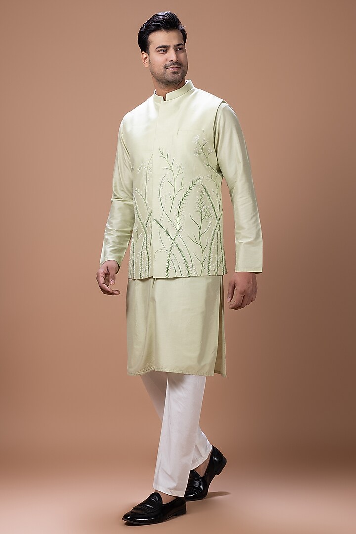 Mint Green Cotton Silk Handpainted Bundi Jacket Set by PRIYANKA HARALALKA at Pernia's Pop Up Shop