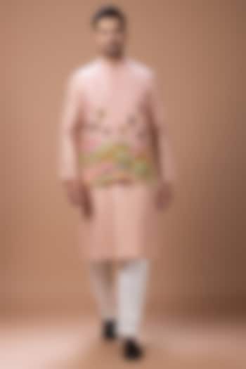 Onion Pink Cotton Silk Handpainted & Embroidered Bundi Jacket Set by PRIYANKA HARALALKA at Pernia's Pop Up Shop