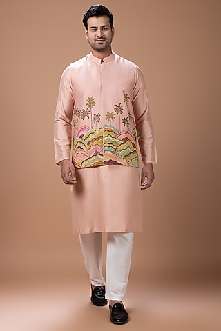 Onion Pink Cotton Silk Handpainted & Embroidered Bundi Jacket Set by PRIYANKA HARALALKA