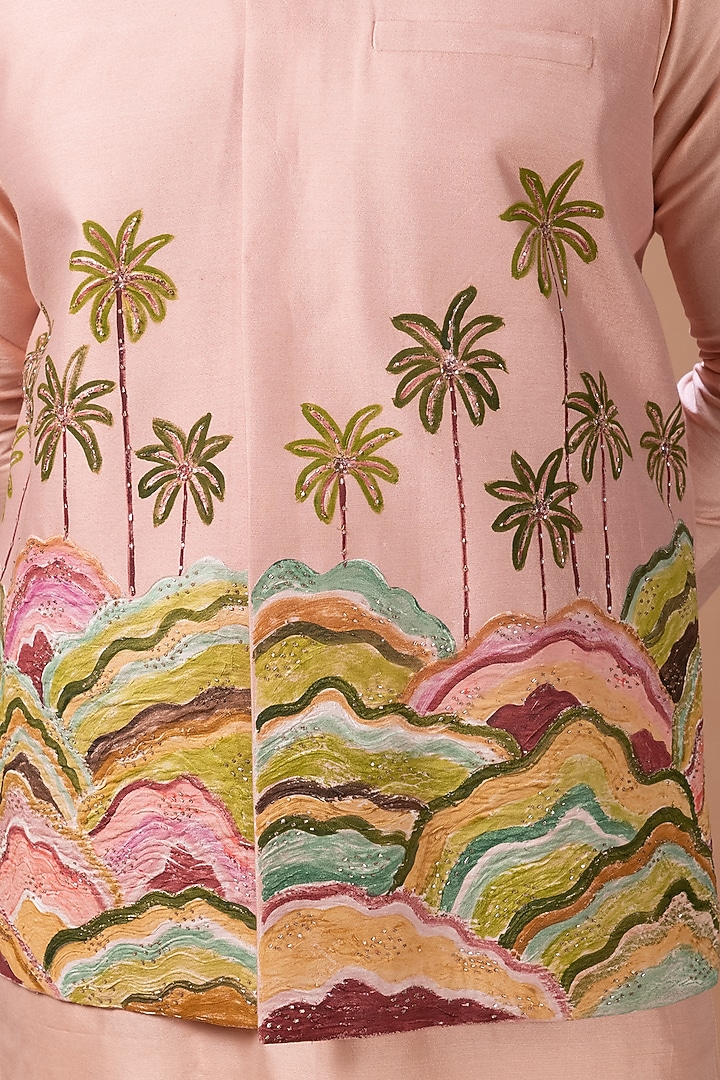 Onion Pink Cotton Silk Handpainted & Embroidered Bundi Jacket Set by PRIYANKA HARALALKA at Pernia's Pop Up Shop
