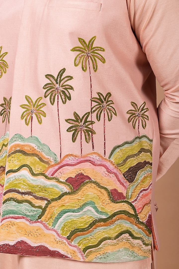Onion Pink Cotton Silk Handpainted & Embroidered Bundi Jacket Set by PRIYANKA HARALALKA at Pernia's Pop Up Shop