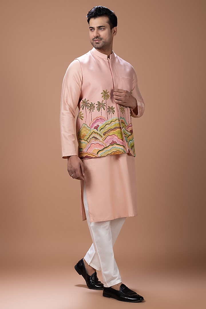 Onion Pink Cotton Silk Handpainted & Embroidered Bundi Jacket Set by PRIYANKA HARALALKA at Pernia's Pop Up Shop