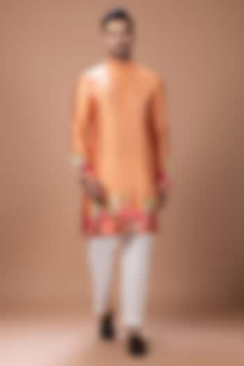 Orange Japan Satin Floral Printed Kurta Set by PRIYANKA HARALALKA at Pernia's Pop Up Shop
