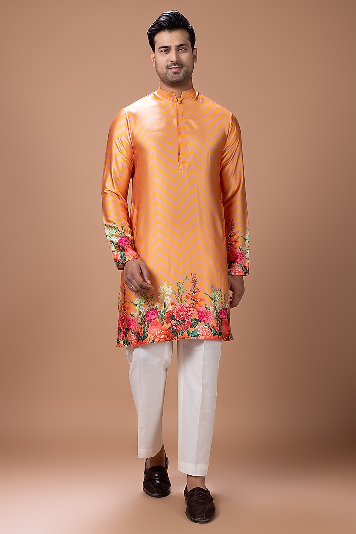 Orange Japan Satin Floral Printed Kurta Set by PRIYANKA HARALALKA at Pernia's Pop Up Shop