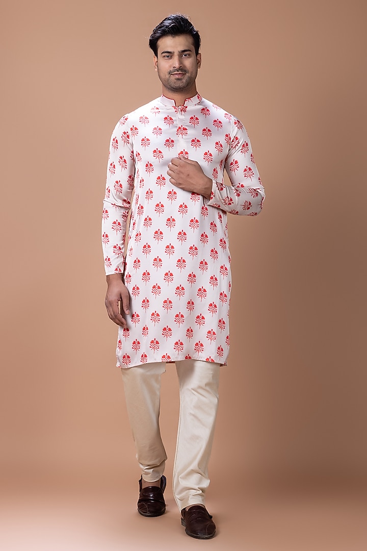 Red-Cream Japan Satin Floral Printed Kurta Set by PRIYANKA HARALALKA at Pernia's Pop Up Shop