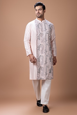 Powder Pink Cotton Silk Hand Embroidered Kurta Set by PRIYANKA HARALALKA