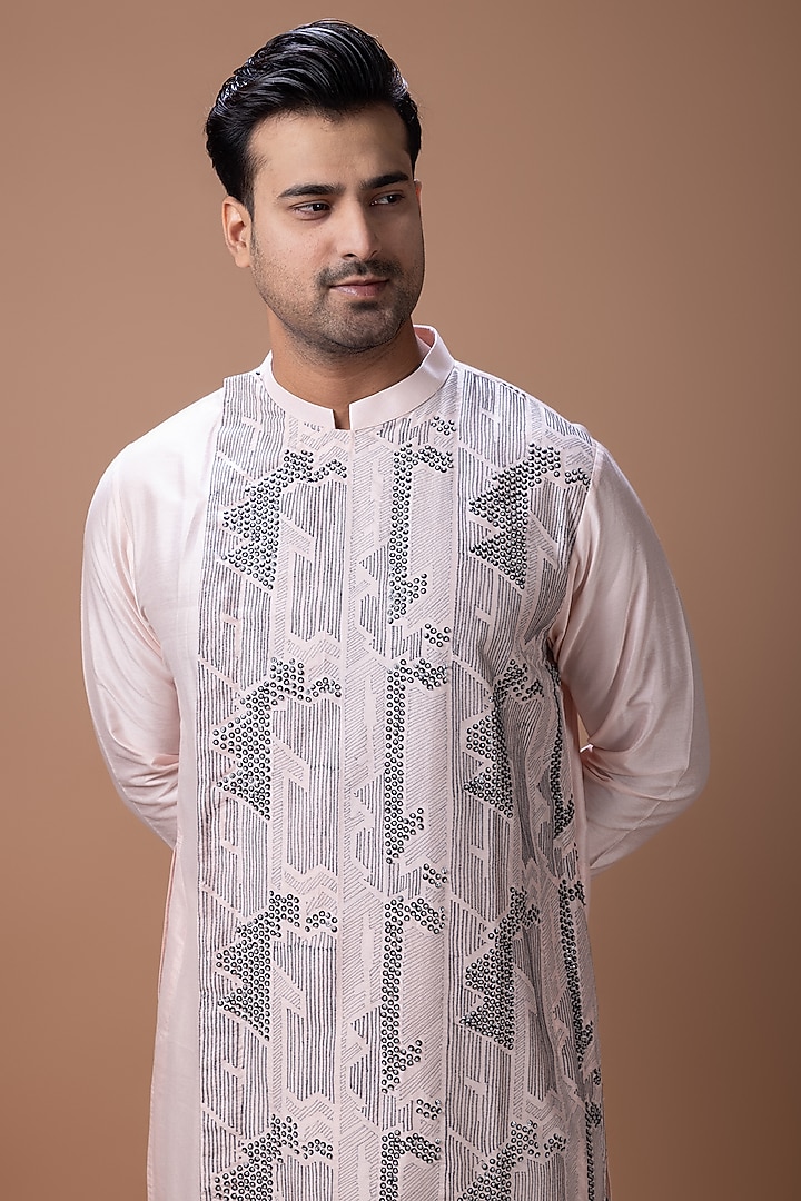 Powder Pink Cotton Silk Hand Embroidered Kurta Set by PRIYANKA HARALALKA at Pernia's Pop Up Shop
