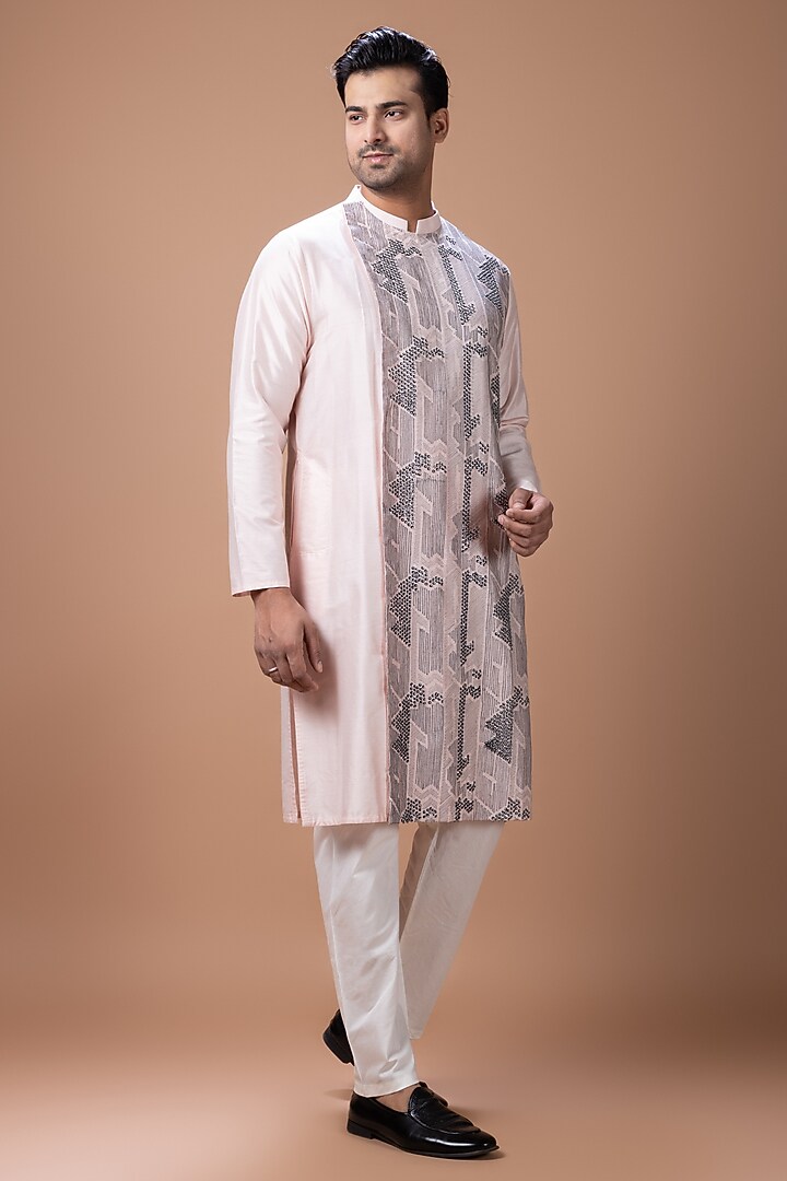 Powder Pink Cotton Silk Hand Embroidered Kurta Set by PRIYANKA HARALALKA at Pernia's Pop Up Shop