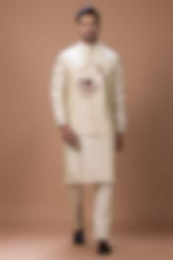 Beige Cotton Silk Embroidered Bundi Jacket Set by PRIYANKA HARALALKA at Pernia's Pop Up Shop