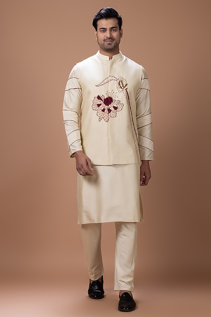 Beige Cotton Silk Embroidered Bundi Jacket Set by PRIYANKA HARALALKA at Pernia's Pop Up Shop