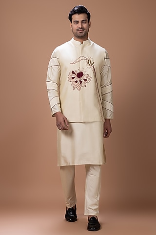 Beige Cotton Silk Embroidered Bundi Jacket Set by PRIYANKA HARALALKA