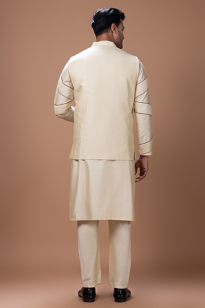 Beige Cotton Silk Embroidered Bundi Jacket Set by PRIYANKA HARALALKA at Pernia's Pop Up Shop