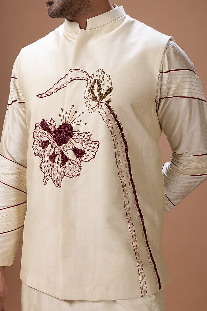 Beige Cotton Silk Embroidered Bundi Jacket Set by PRIYANKA HARALALKA at Pernia's Pop Up Shop