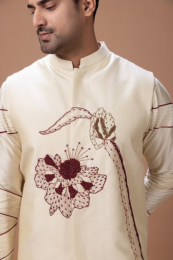 Beige Cotton Silk Embroidered Bundi Jacket Set by PRIYANKA HARALALKA at Pernia's Pop Up Shop