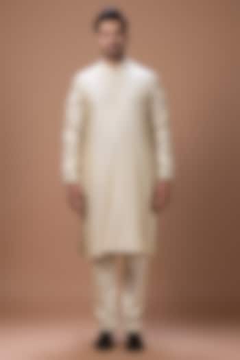 Beige Cotton Silk Machine Embroidered Kurta Set by PRIYANKA HARALALKA at Pernia's Pop Up Shop
