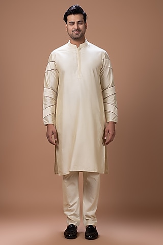 Beige Cotton Silk Machine Embroidered Kurta Set by PRIYANKA HARALALKA