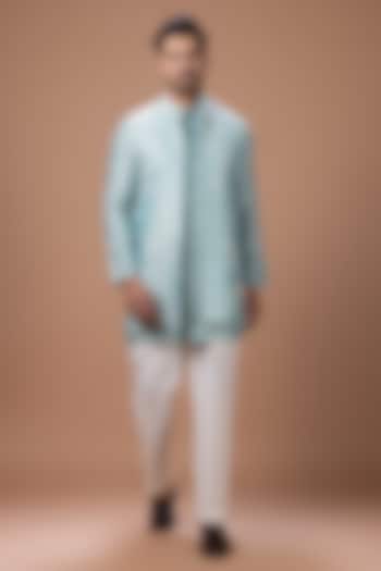 Aqua Cotton Silk Handpainted & Embroidered Open Bundi Jacket Set by PRIYANKA HARALALKA at Pernia's Pop Up Shop