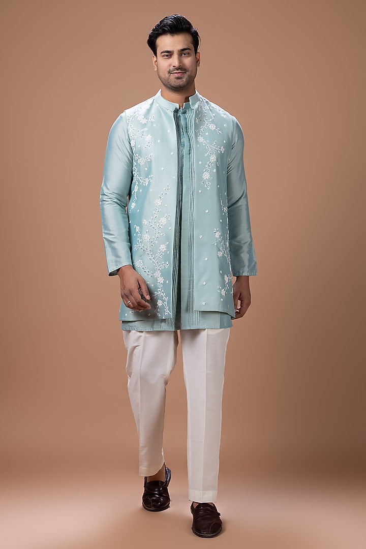 Aqua Cotton Silk Handpainted & Embroidered Open Bundi Jacket Set by PRIYANKA HARALALKA at Pernia's Pop Up Shop