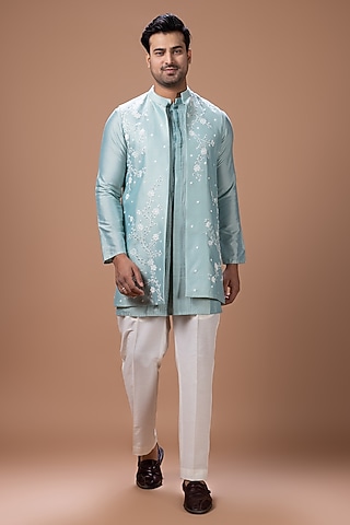 Aqua Cotton Silk Handpainted & Embroidered Open Bundi Jacket Set by PRIYANKA HARALALKA