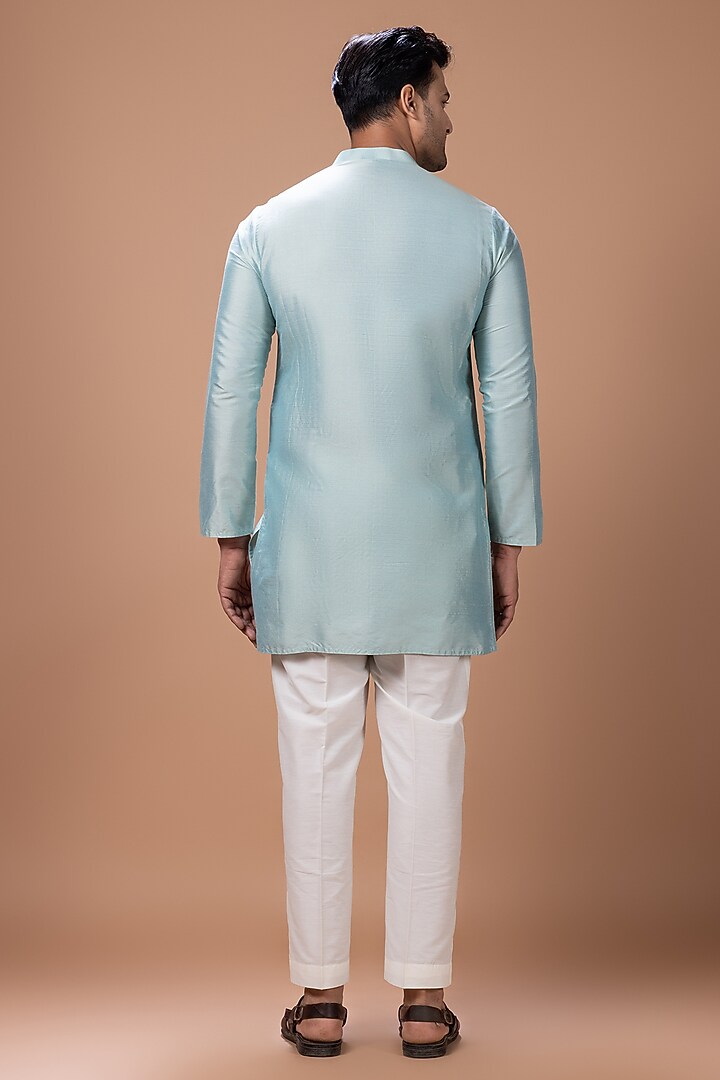 Aqua Cotton Silk Handpainted & Embroidered Open Bundi Jacket Set by PRIYANKA HARALALKA at Pernia's Pop Up Shop
