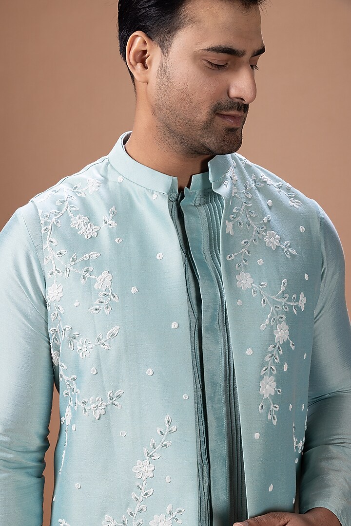 Aqua Cotton Silk Handpainted & Embroidered Open Bundi Jacket Set by PRIYANKA HARALALKA at Pernia's Pop Up Shop