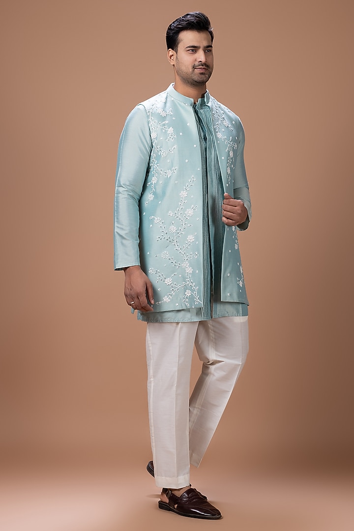 Aqua Cotton Silk Handpainted & Embroidered Open Bundi Jacket Set by PRIYANKA HARALALKA at Pernia's Pop Up Shop