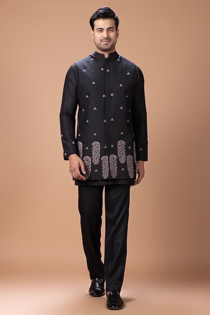 Black Cotton Silk Hand Embroidered Open Bundi Jacket Set by PRIYANKA HARALALKA at Pernia's Pop Up Shop