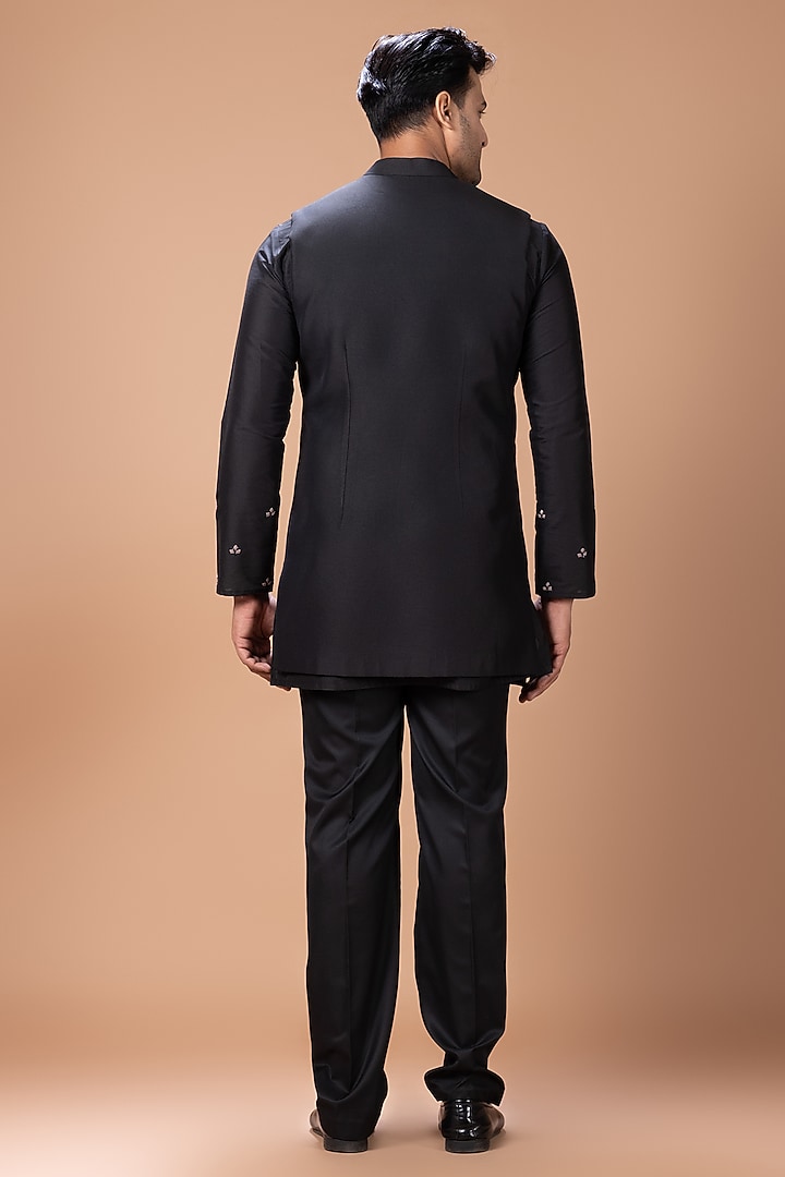 Black Cotton Silk Hand Embroidered Open Bundi Jacket Set by PRIYANKA HARALALKA at Pernia's Pop Up Shop