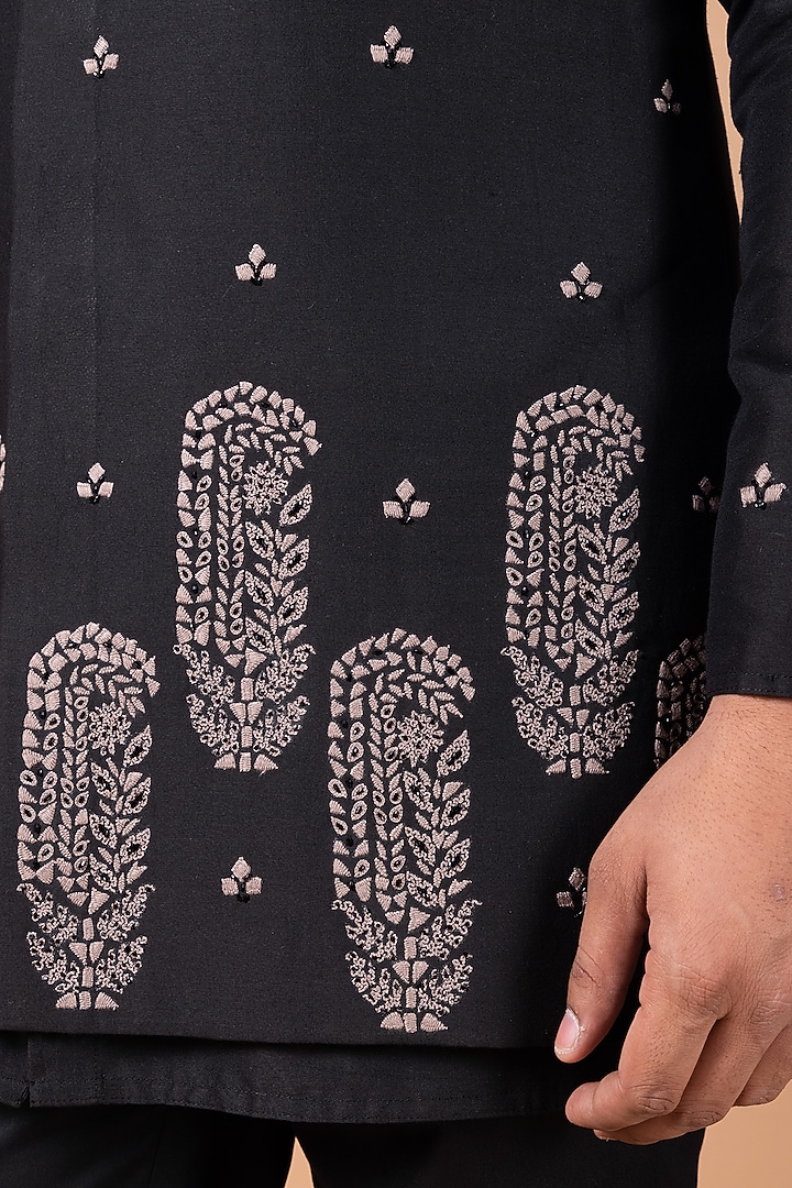Black Cotton Silk Hand Embroidered Open Bundi Jacket Set by PRIYANKA HARALALKA at Pernia's Pop Up Shop