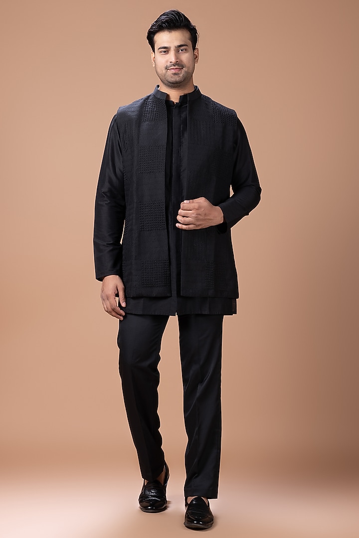Black Cotton Silk Machine Embroidered Open Indowestern Set by PRIYANKA HARALALKA at Pernia's Pop Up Shop