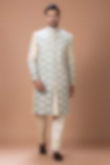 Beige Cotton Silk Hand Embroidered Wedding Sherwani Set by PRIYANKA HARALALKA at Pernia's Pop Up Shop