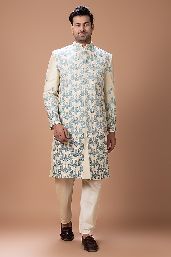 Beige Cotton Silk Hand Embroidered Wedding Sherwani Set by PRIYANKA HARALALKA at Pernia's Pop Up Shop