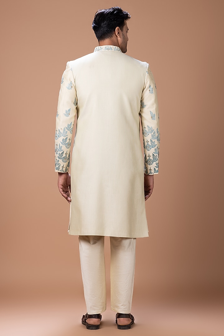 Beige Cotton Silk Hand Embroidered Wedding Sherwani Set by PRIYANKA HARALALKA at Pernia's Pop Up Shop